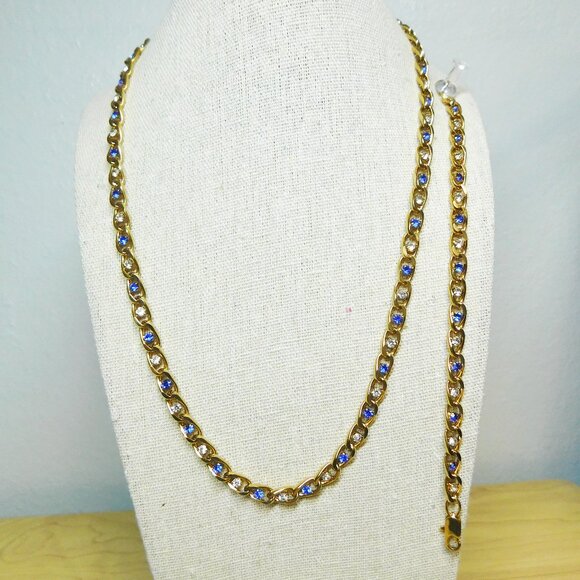 Gold Tone Necklace & Bracelet Set With Blue & Clear Rhinestones - Picture 3 of 4